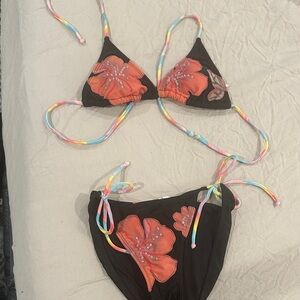 Bella Brazil Coral and Black Bikini w Rainbow Straps, bead/embroidery detail